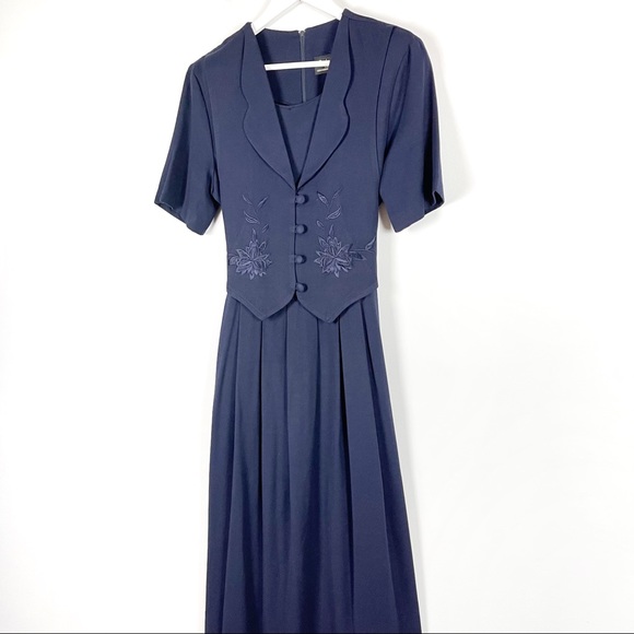 Vintage Navy Midi Dress with Built in Embroidered Vest - Picture 2 of 9
